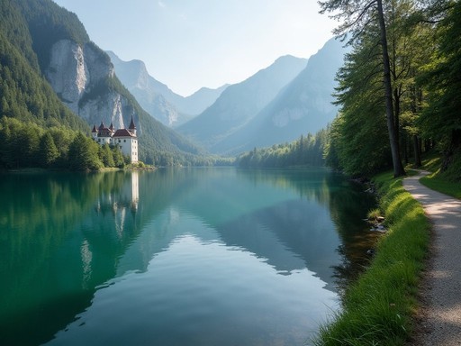 Alpsee lake with mountain reflections and forest path