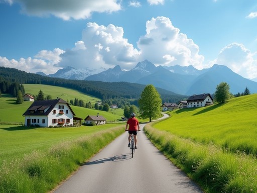 Cycling path through Bavarian countryside with Alps in background