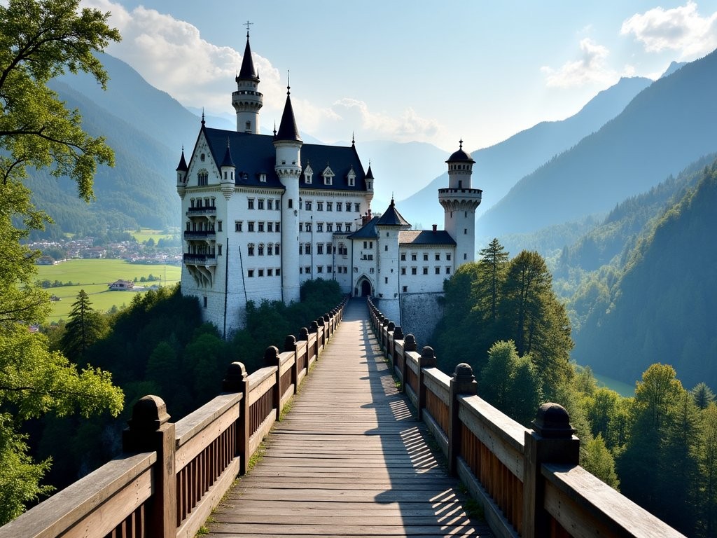 Morning view of Neuschwanstein Castle from Marienbrücke with minimal crowds
