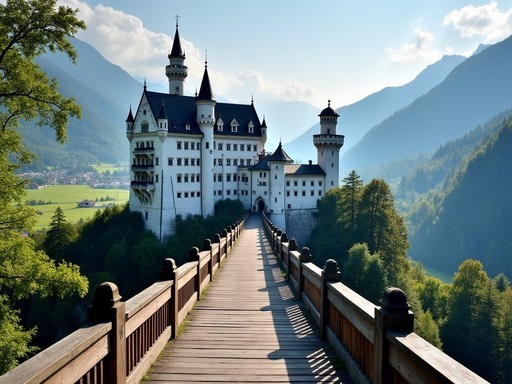 Morning view of Neuschwanstein Castle from Marienbrücke with minimal crowds