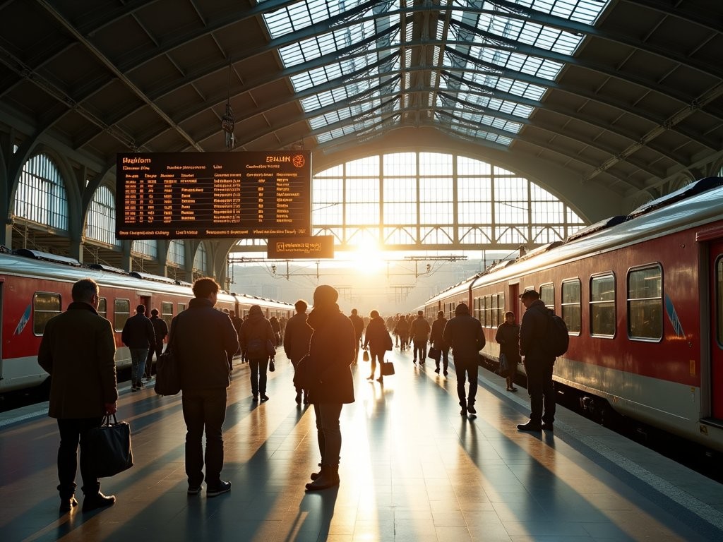 Morning commuters at Munich Hauptbahnhof train station with departure boards