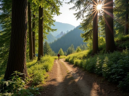 Forest path leading uphill to Neuschwanstein Castle with morning light filtering through trees