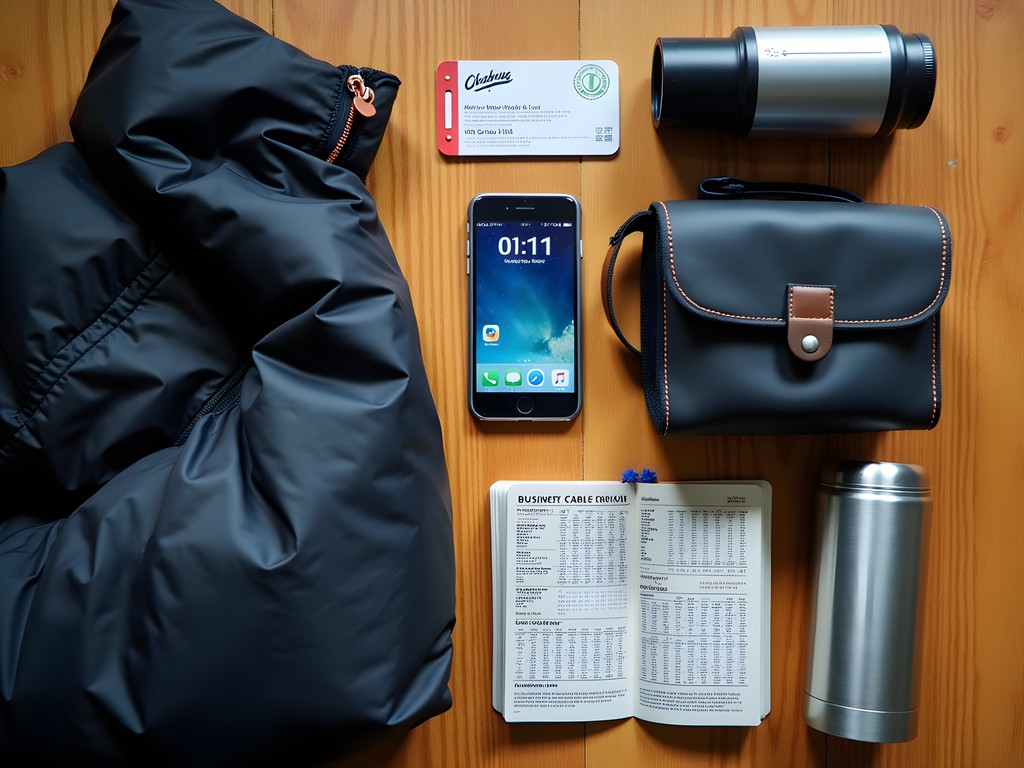 Essential commuter items laid out including Metro-North pass, weather apps, foldable umbrella and packable jacket