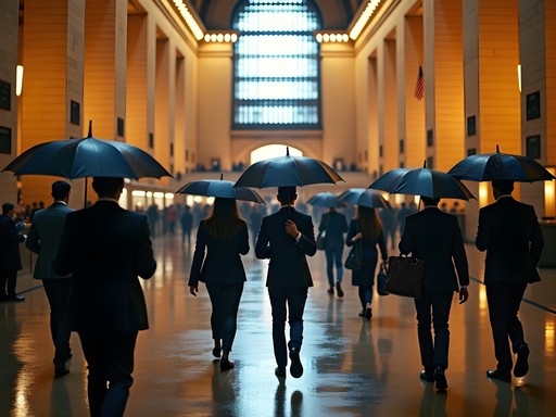 Business commuters with umbrellas entering Grand Central Terminal during rainfall