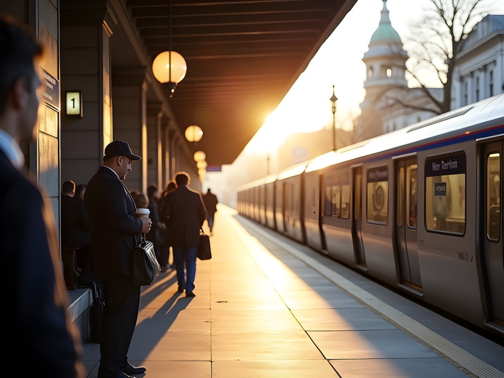 Early morning commuters at New Rochelle train station with Metro-North train arriving