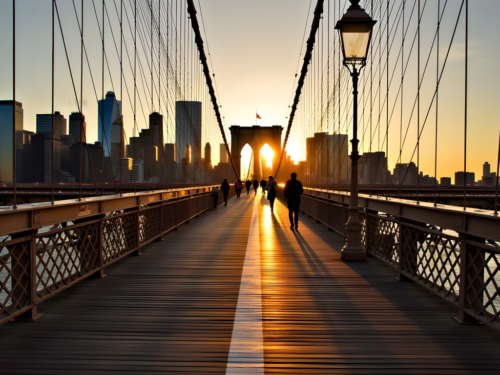 Woman walking across Brooklyn Bridge at sunrise with Manhattan skyline