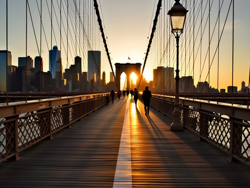 Woman walking across Brooklyn Bridge at sunrise with Manhattan skyline
