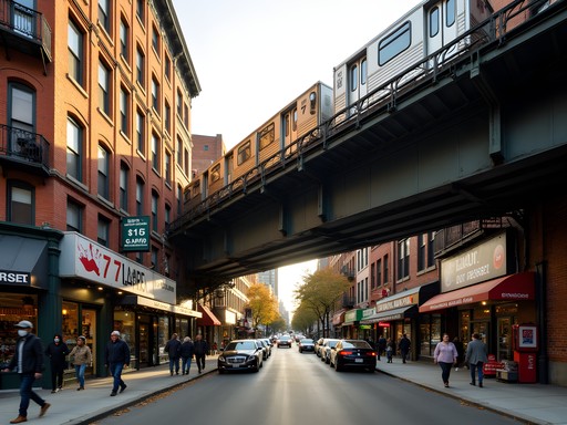 The 7 train elevated tracks in Queens with diverse neighborhood below