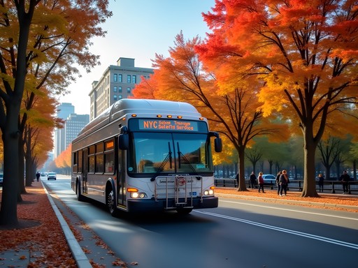 NYC Select Bus Service crossing Central Park in autumn