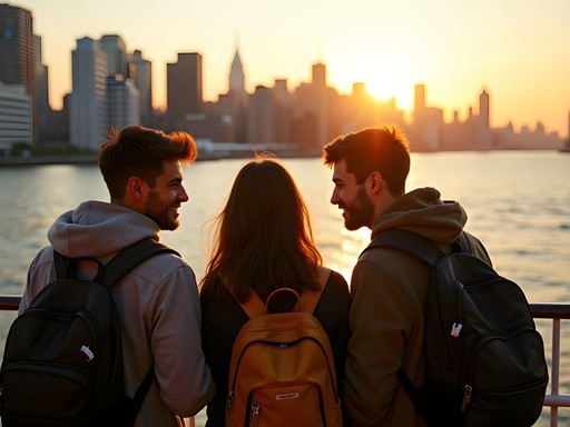 Students enjoying NYC Ferry ride with Manhattan skyline view