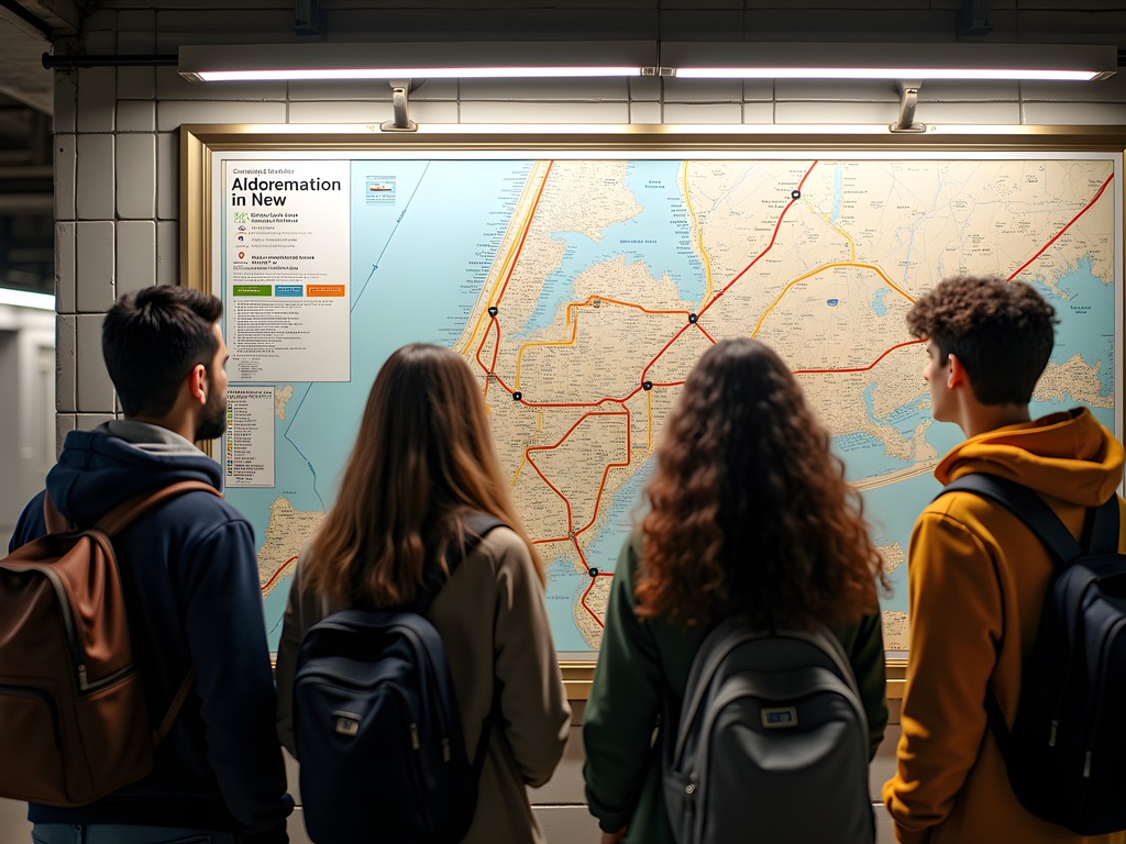 Student navigating NYC subway map with color-coded lines