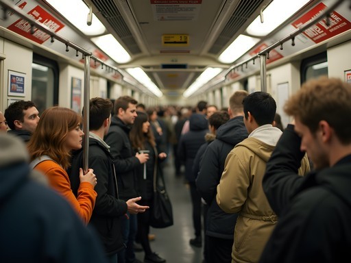 College student navigating crowded NYC subway car during rush hour