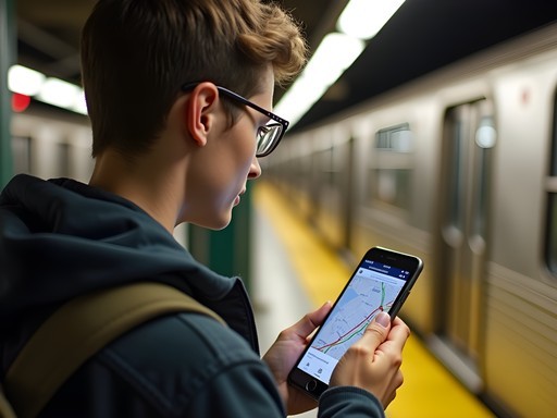 Student using transit app to navigate NYC subway system