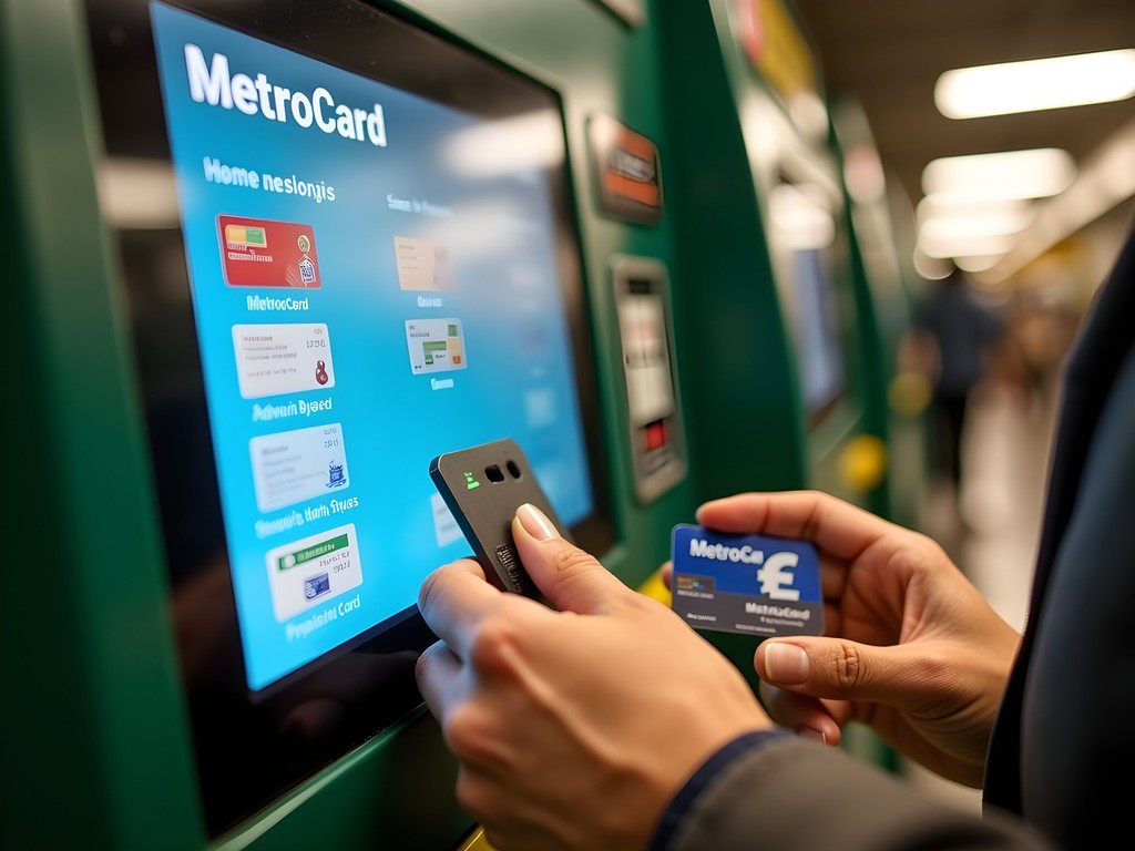 Student using MetroCard kiosk machine in NYC subway station