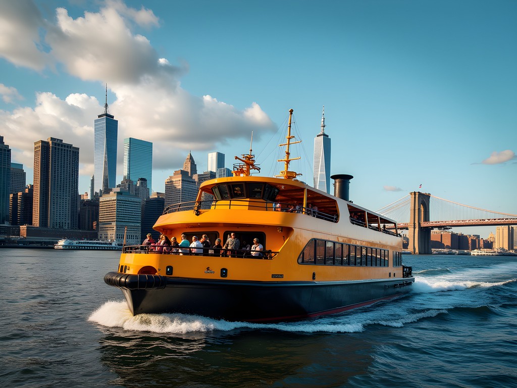 NYC Ferry with Manhattan skyline view showing budget transportation option with scenic views