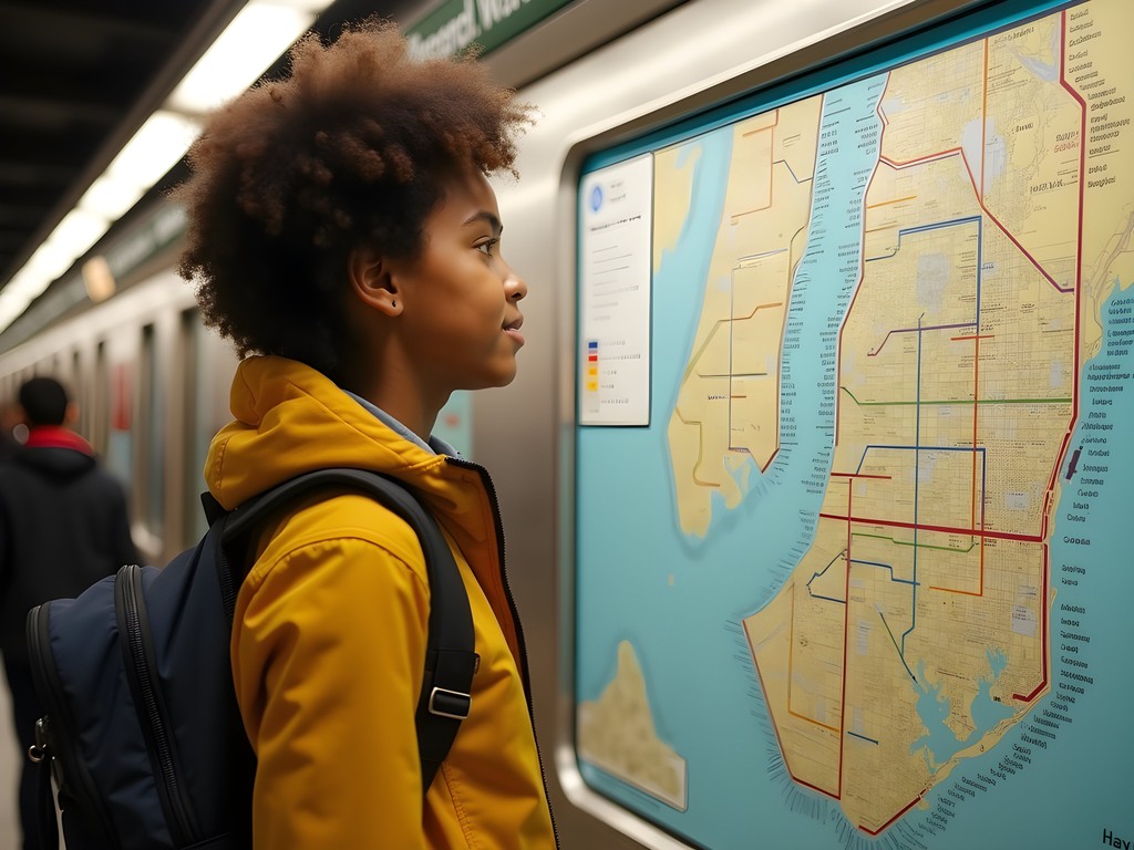 Student looking at NYC subway map in station with colorful lines clearly visible