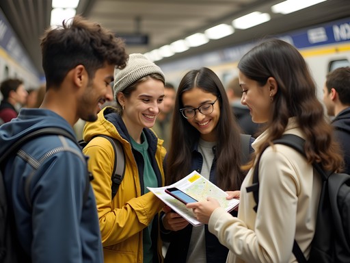 Group of diverse students planning their route on NYC subway map with smartphones
