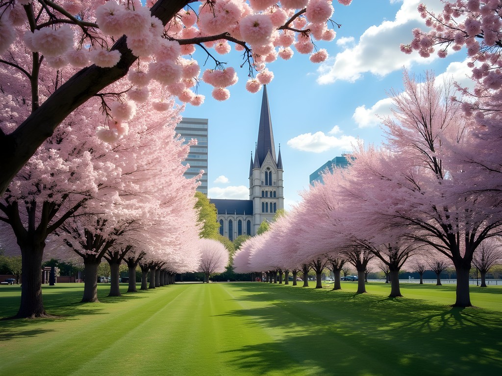Cherry blossom trees in full bloom at Branch Brook Park with Cathedral Basilica visible in background