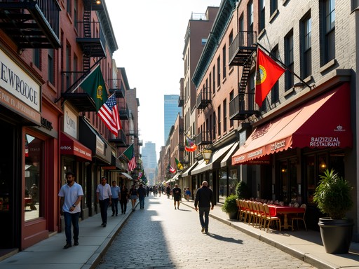 Ferry Street in Newark's Ironbound District with Portuguese storefronts and restaurants