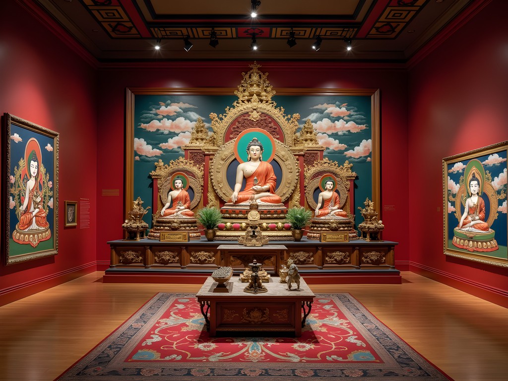 Traditional Tibetan Buddhist altar installation at Newark Museum of Art