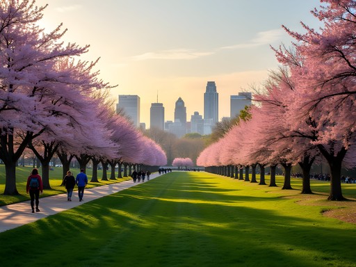 Cherry blossom trees in full bloom at Branch Brook Park with Newark skyline visible in distance