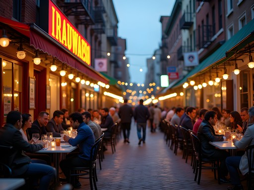 Evening scene on Ferry Street in Newark's Ironbound district with restaurant storefronts and diners
