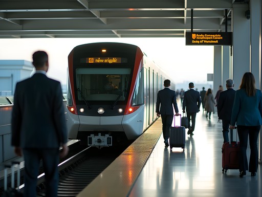 Newark Airport AirTrain with business traveler boarding with luggage
