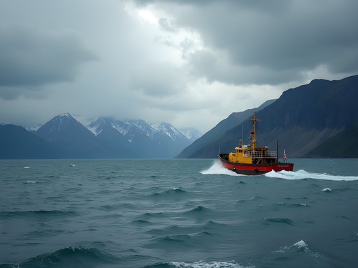 Small fishing boat navigating Bering Sea waters near Nome Alaska coastline