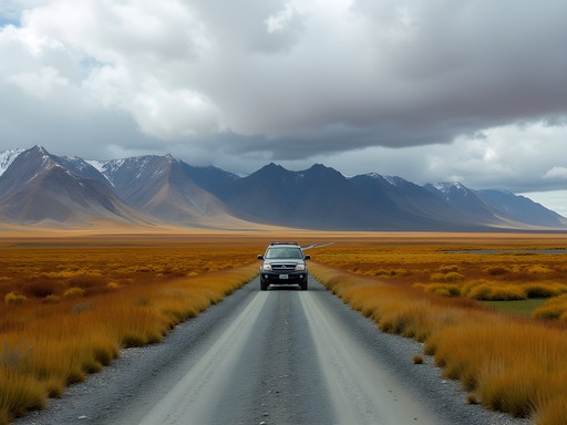 SUV driving on the remote Nome-Council Road with expansive tundra landscape