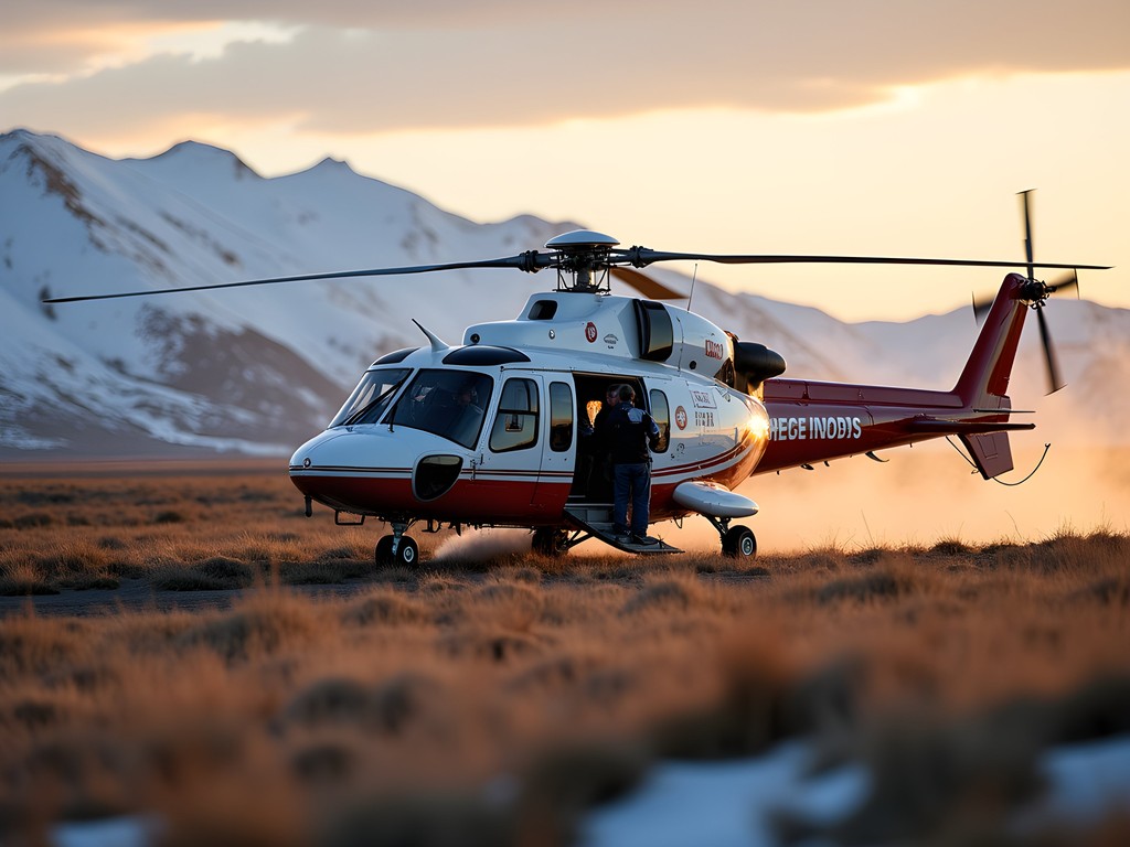 Medevac helicopter landing on tundra for emergency medical evacuation near Nome Alaska