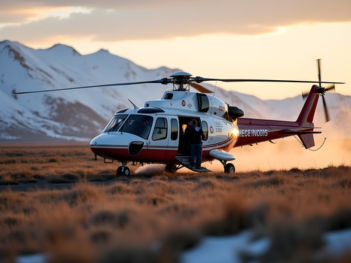 Medevac helicopter landing on tundra for emergency medical evacuation near Nome Alaska