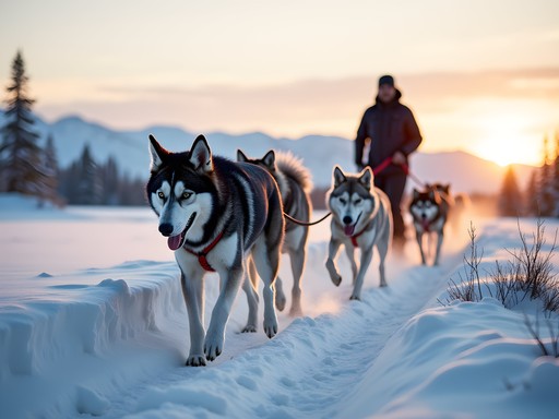 Dog sled team traveling across snowy tundra near Nome Alaska