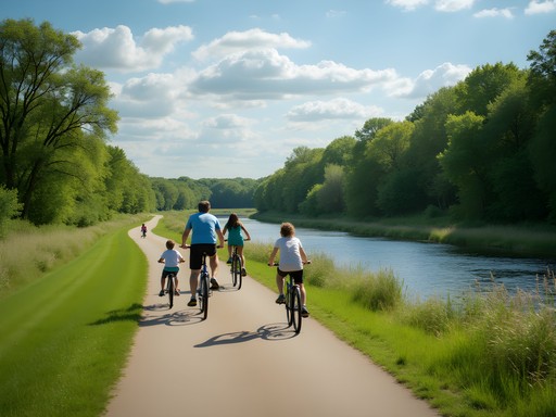 Family biking along the Elkhorn River Trail in Norfolk, Nebraska with trees and water views