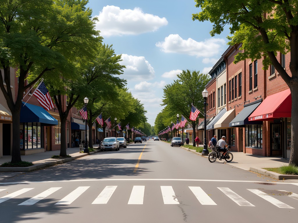 Downtown Norfolk, Nebraska main street with historic buildings and American flags