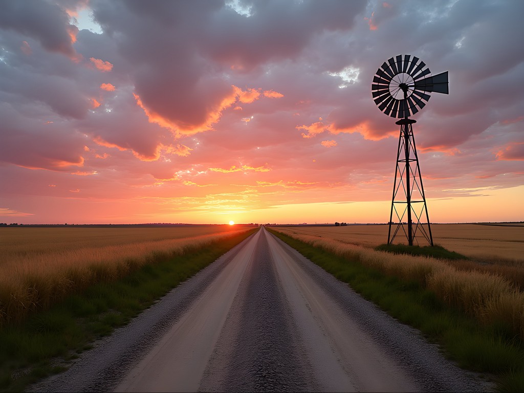 Rural Nebraska gravel road at sunset with windmill silhouette and vast open sky