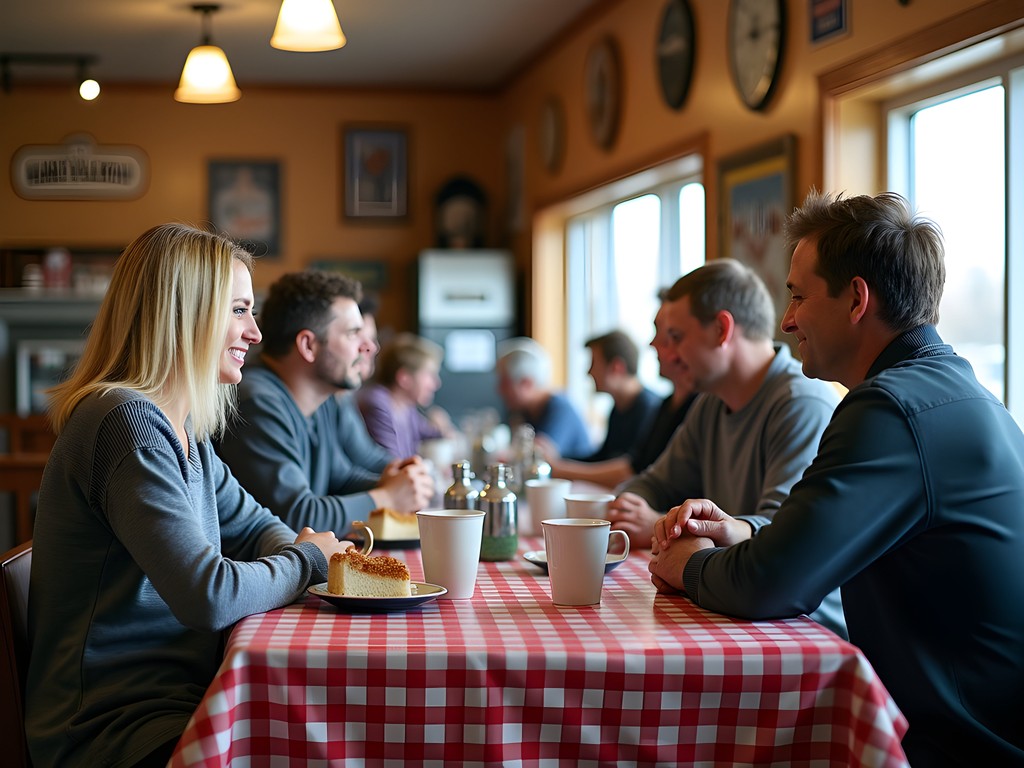 Author Zachary Morales conversing with locals at a small-town Nebraska cafe