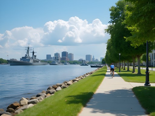The Elizabeth River Trail with cyclist passing waterfront views of naval ships and Norfolk skyline