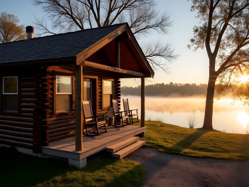Rustic cabin at Lake Maloney State Recreation Area with misty sunrise over water