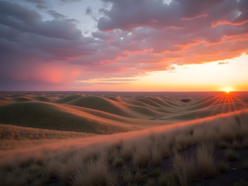 Sunset over Nebraska Sandhills prairie landscape near North Platte