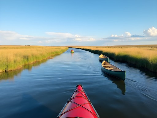 Canoeing on North Platte River with grassland views and blue sky
