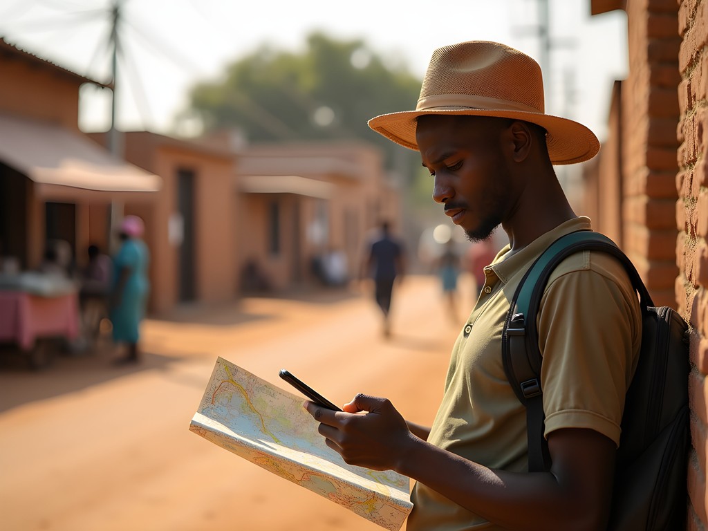 Travel blogger navigating streets of Ouagadougou with map and smartphone