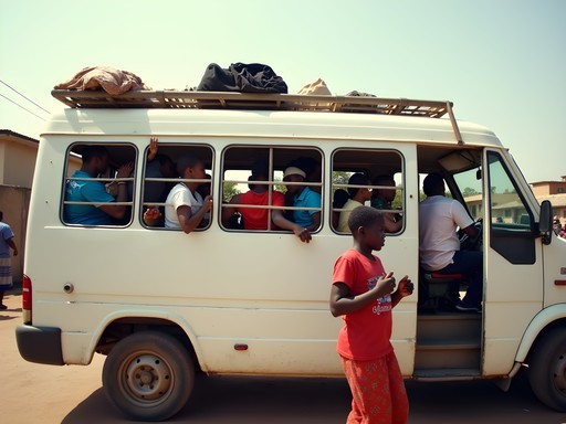 Crowded minibus with passengers in Ouagadougou public transportation