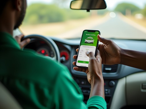 Passenger paying a green taxi driver using mobile payment in Ouagadougou