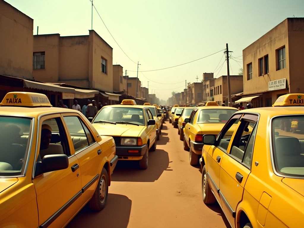 Yellow taxis lined up at a popular intersection in Ouagadougou
