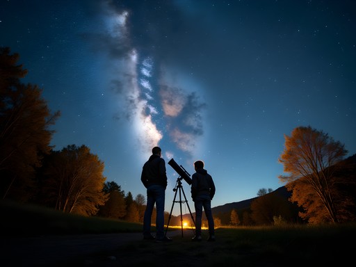Family stargazing in North Bend State Park with telescope and dark sky