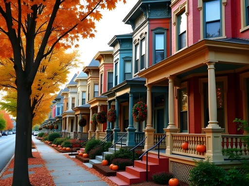 Historic district homes in Parkersburg with autumn decorations