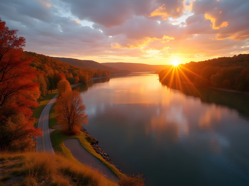 Sunset view of Ohio River from Parkersburg riverfront with fall foliage