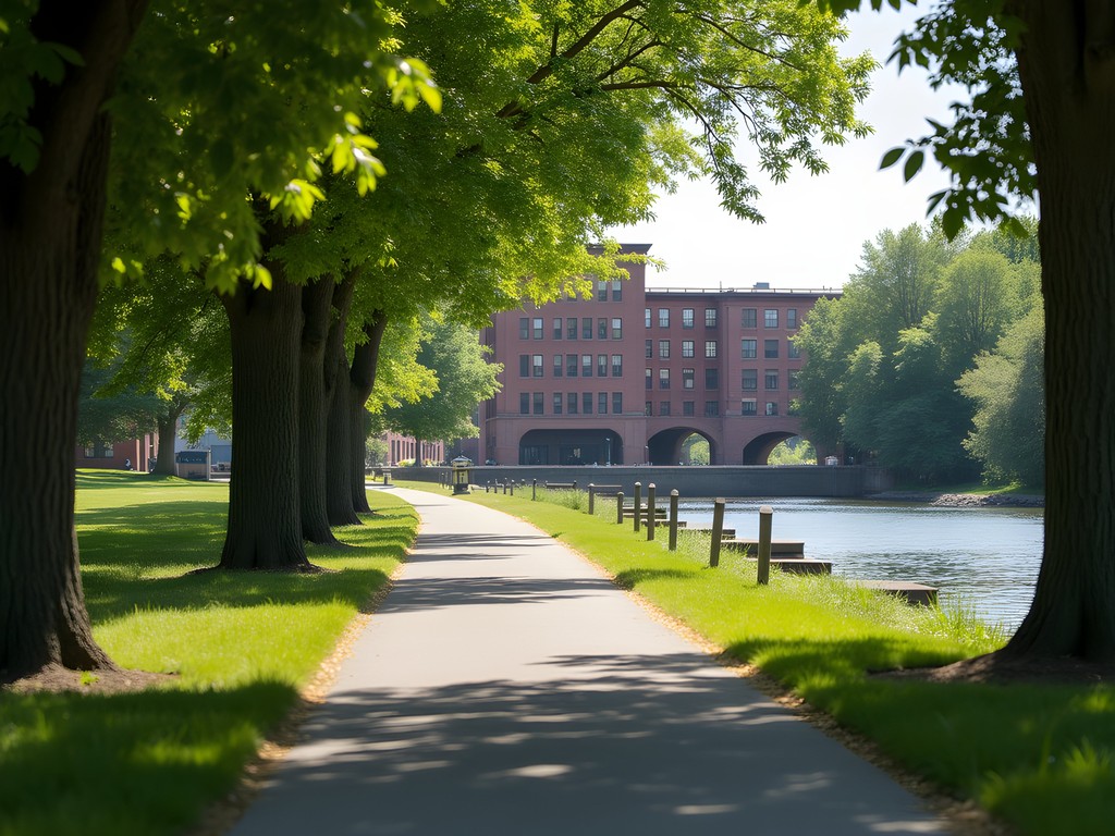 Blackstone River Greenway path with historic mills and river views
