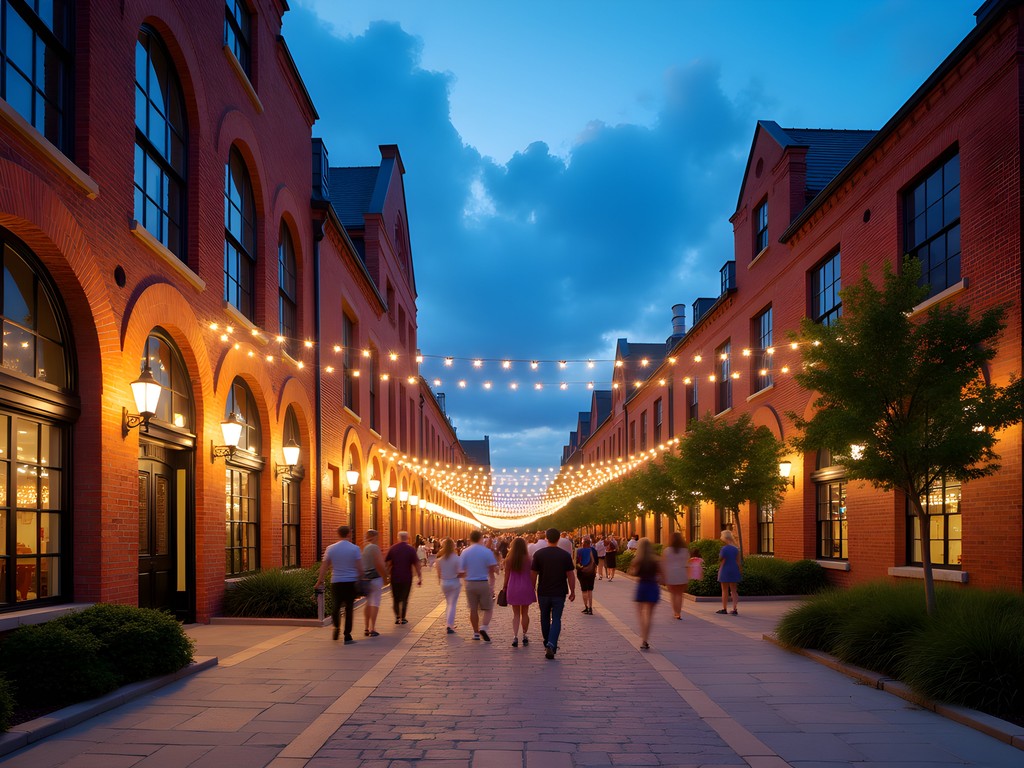 Evening scene at Hope Artiste Village in Pawtucket with restored mill buildings lit up at dusk