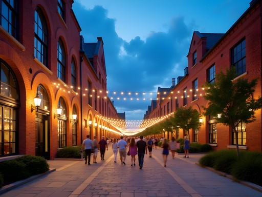 Evening scene at Hope Artiste Village in Pawtucket with restored mill buildings lit up at dusk